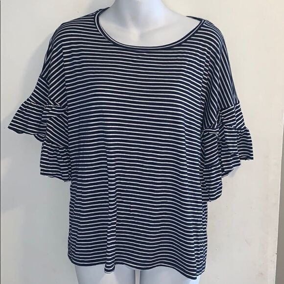 ALYA Navy and White Stripe Ruffle Sleeve Top-M - Picture 1 of 4